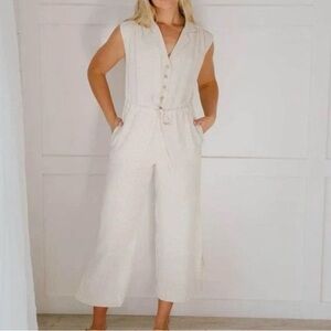 Linen Button-Front Cropped Cream Jumpsuit Small